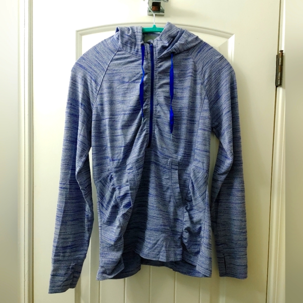 EUC Athleta hooded running top in marled blue and silver
